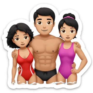 Dark Tan Muscular lifeguard with messy black hair rescuing old lady sticker