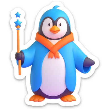 penguin wizard with a blue robe and magic wand sticker
