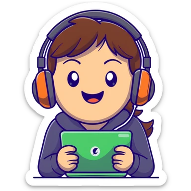 brown-haired gamer girl, excited expression, headphones, head only, emote sticker