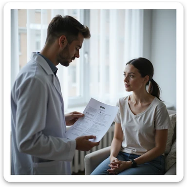 hyperrealistic 4K image of a male nutritionist in a white coat giving a sheet with the word 'dieta' to a seated woman, medical office, variation 10 sticker