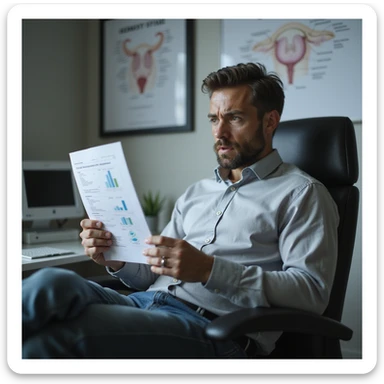 hyperrealistic 4K image of a man in his 30s sitting alone in a doctor's office, staring at semen analysis report with 'azoospermia', hands gripping paper tightly, worried and hopeless look, fertility diagrams on wall sticker