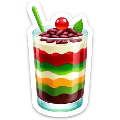 chè ba màu, vietnamese sweet soup, colorful layered dessert in a glass, beans, jelly, and ice sticker