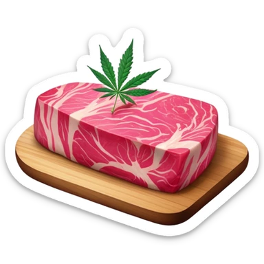 Pink marbled wagyu beef steak with cannabis leaf garnish sticker