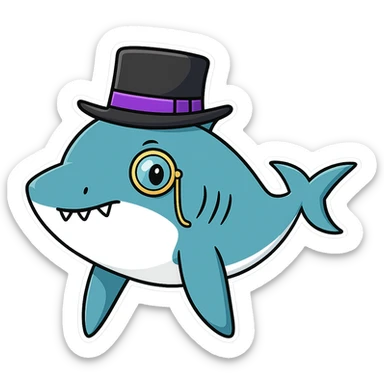 Add a monocle to the shark with a top hat, keeping the sticker style look. sticker