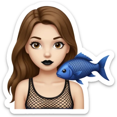 a pretty bratz fair girl with brown long hair styled well, looking like a baddie in a fishnet top and dark brown hair and black lipstick sticker
