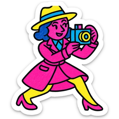1930s private detective elegant woman, dynamic pose with camera, colorful art deco style sticker