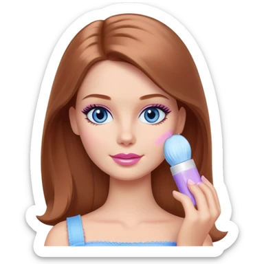 Barbie girl Chestnut Shoulder-length hair and blue eyes is In pale purple applying cream on face sticker