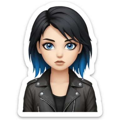 
 rockstar girl with black disheveled hair, blue eyes, Smokey eyes grunge makeup,  sticker