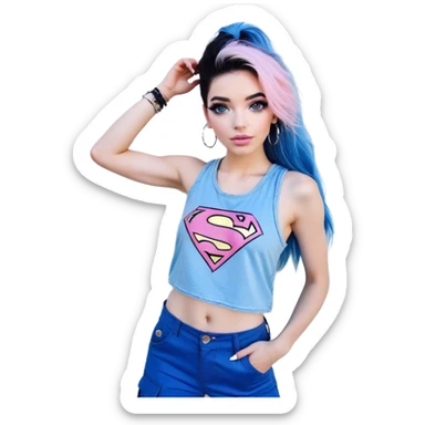 Tall-Larger female upper body-very excited-very-beautiful-face-white torn cargo pants-light-pink-lips-very long-very-straight-dark-blue-ombre-hair-and-blue-eyes-thick-black-eyeliner-thick-long-eyelashes-sky-blue-superman-tank-top-with-glitter-and-silver-hoop-earrings sticker