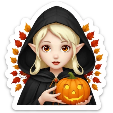 female elf vampire emoji, pale skin, red eyes, elegant face, autumn leaf and pumpkin wreath on head, black hooded cloak with cobweb details, holding small glowing pumpkin lantern, Halloween fantasy theme, Apple emoji style, clean white background, square sticker