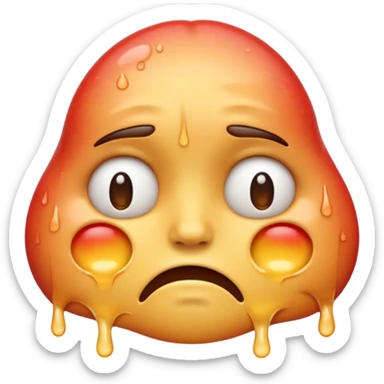 Apple-style emoji illustration of a melted, overheated face with sweat drops, expression annoyed, half-closed exhausted eyes, soft 3D emoji style, smooth gradients, rounded shapes, simple expression, centered composition. sticker