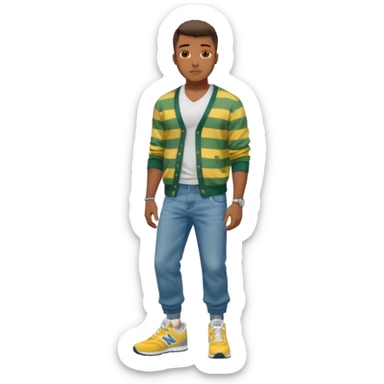 Handsome Black guy with brown skin tone, with lean muscular build, wearing baggy blue jeans, a white v-neck t-shirt, a yellow and green striped cardigan sweater, and grey new balance sneakers  sticker