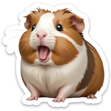 Cinematic Cute Yawning Brown and White Banded Guinea Pig Portrait Emoji, Head tilted slightly with a dramatic, wide-open yawn, revealing a soft, banded fur of brown and white with tiny, droopy ears, round dark eyes barely open in drowsy contentment, Simplified yet irresistibly adorable features, highly detailed, glowing with a soft, cozy glow, high shine, relaxed yet expressive, stylized with a touch of whimsy, bright and endearing, soft glowing outline, capturing the essence of a sleepy yet affectionate guinea pig, so drowsy it feels like it could stretch out of the screen and curl up for a nap! sticker