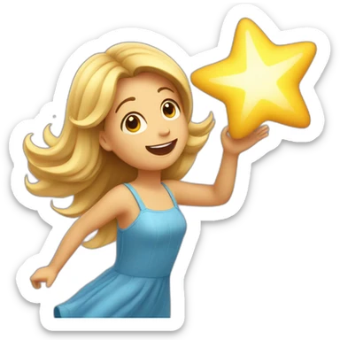 Girl with waving hair in dress flying and catching a star sticker