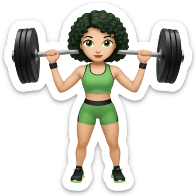 woman with olive skin and curly black hair wearing a green workout outfit (shorts) and lifting weights sticker