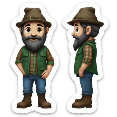 gnome with almost black beard, dark brown eyes, young, with a blue wool hat, brown boots and a green plaid shirt. The body should be cartoonish and not realistic. sticker