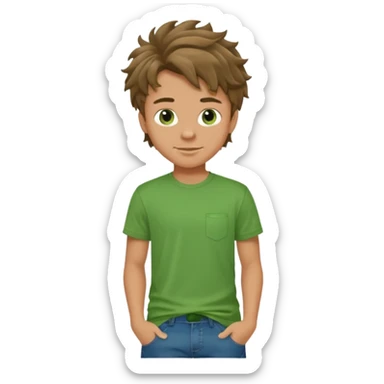 A teenage boy, tanned, wearing a green t-shirt , blue jeans and green sneakers with brown wavy tousled hair, smirking sticker