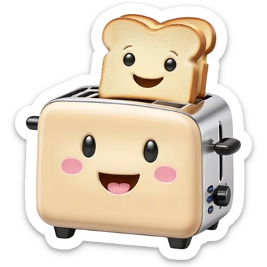 Cute Kawaii Toaster, tiny and square, soft pastel cream with a happy smile, chubby cheeks, two little toast slices popping out, giggling in excitement! sticker