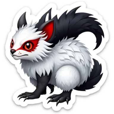 a white exotic edgy vernid-fionbri-creature, with black belly and red eyes, full body sticker