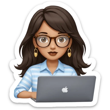 A woman with long wavy dark brown hair and a whispy bang, wearing thick tortoise SQUARE glasses, gold drop earrings. She has long lashes and a nude browny glossy lipstick. She's wearing an oversize light blue shirt with white vertical strips. She's working on a laptop sticker