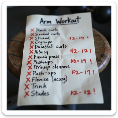 hyperrealistic handwritten arm workout sheet on paper with exercises like dumbbell curls, french press, push-ups, some exercises crossed out with large red X marks as if wrong, 4K quality, realistic lighting, sharp details, gym atmosphere sticker