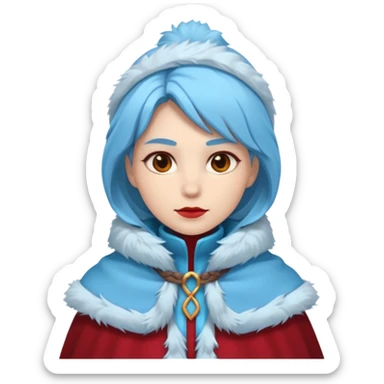 Fantasy human emoji portrait, simple winter mantle with icy blue fur trim and crimson inner fabric, northern winter aesthetic, calm heroic expression, clean flat emoji design, female variant
 sticker