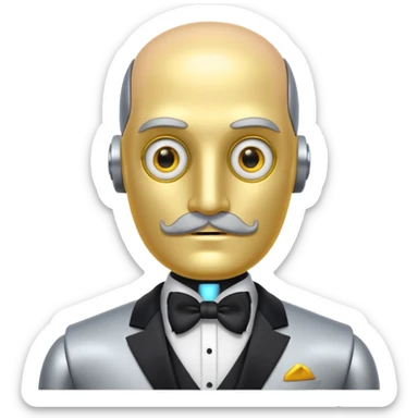 Silver robot with thick moustache, no hair, yellow eyes without pupils, wearing a tuxedo, buff sticker