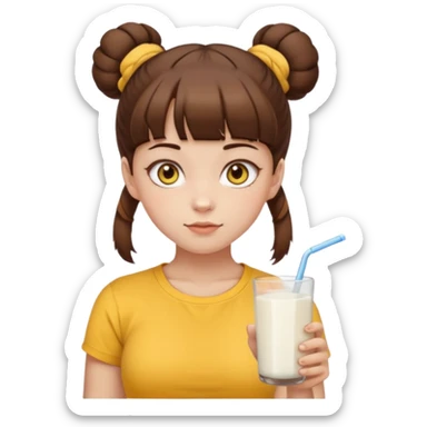 beautiful girl with brown hair with twin buns style, straight bangs, yellow eyes, milk brown tshirt, white skin, her body is a little fat  sticker