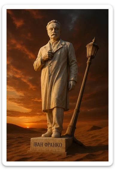Ultra-realistic full-length marble sculpture of a man standing in desert sand next to a broken lamppost. The pedestal is inscribed with 'Іван Франко'. Dramatic sunset lighting, view from below, low-angle perspective. sticker