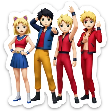 Icon for Anime Collage: Vibrant close-up collage Characters from Cowboy Bebop, Naruto, Bishoujo Senshi Sailor Moon and Kimetsu no Yaiba, each in their iconic poses and vibrant outfits, blended together with dynamic backgrounds. Transparent background. sticker