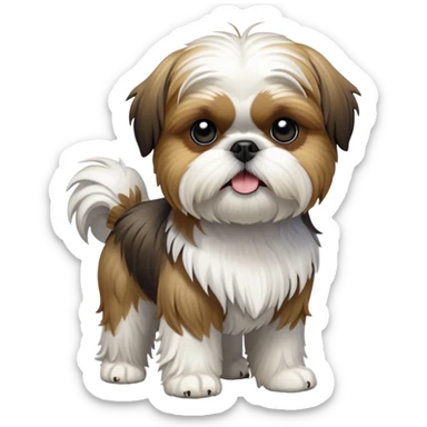 cinematic-[Shish tzu]-realistic-full-body-standing-emoji,-tail-resting-loosely-beside-its-paws,-head-tilted-dramatically, -scruffy-[white]-fur,-simplified-yet-realistic-focused-features,-highly-detailed,-glowing-with-an-almost-sarcastic-glow sticker
