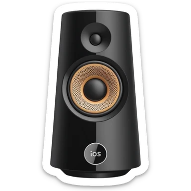 Single simple black desktop speaker, one round white cone with black center, boxy shape, clean white background, product photo. sticker