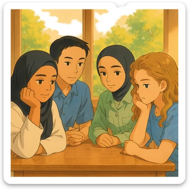 Quatre étudiants inspirés des photos, assis ensemble autour d'une table, en pleine réflexion, ambiance détendue et amicale, fond lumineux et chaleureux, style Ghibli. sticker