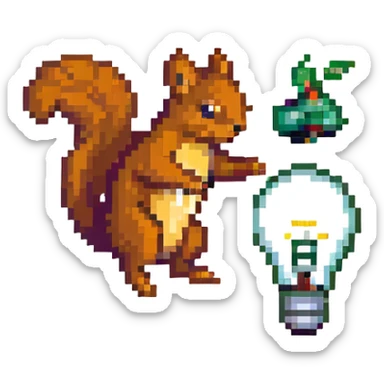 a squirrel jumping with a lightbulb, pixel art style sticker