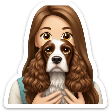 Beautiful girl with long beautiful brown hair holding English Cocker Spaniel sticker