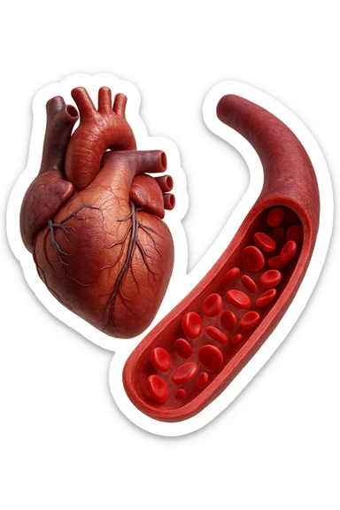 cuore anatomico umano fluttuano in aria insieme ad una vena umana con globuli rossi , iperrealistiche 4k sticker