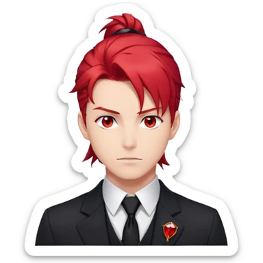 Handsome gorgeous anime man with bright-red hair, thick long ponytail, red eyes, black tie with a red gem, white shirt, black jacket, stone face sticker