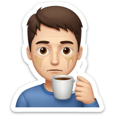 The man didn't get enough sleep with bruises under his eyes sleepy is holding coffee in his hands sticker