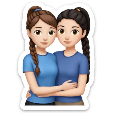 Comforting Hug two white skin women, one shorter woman with brown hair in simple top ponytail, not braided, and one taller woman with black hair in long side braid sticker