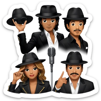 Icon for R&B Music: collage of iconic R&B artists—Michael Jackson, Beyoncé, Lionel Richie, Whitney Houston. Each artist represented by a silhouette or symbolic item (like a glove, microphone, or fedora). Transparent background. sticker