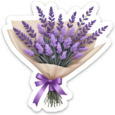 A delicate hand-tied lavender bouquet, featuring wisps of pale lilac and deep amethyst sprigs, is wrapped in parchment paper secured with a dusty plum ribbon. The gentle contrast of fresh and dried stems creates a soft, ethereal look, while the faint scent of lavender lingers like a nostalgic embrace from a bygone era.
 sticker