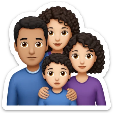  family, mom has brown eyes black hair brown skin, dad is white with brown curly hair and two kids boy and girl who are a mix of the two parents sticker