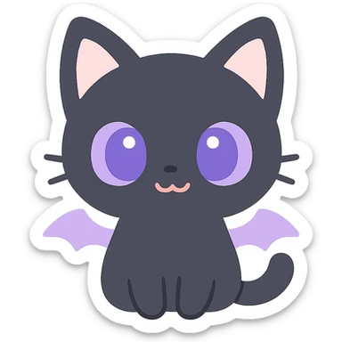 kawaii style gothic cat, cute face, black fur, purple eyes, tiny bat wings, playful and mysterious sticker