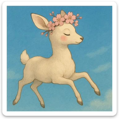 Create a variation of a feminine adult vanilla cloud doe with rosy cheeks and cherry flowers, floating gracefully, in Ghibli style. This is for brand identity and social media use. sticker