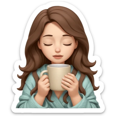 emoji-style illustration of a pretty relaxed woman with long wavy brown hair, wrapped in a cozy beige blanket, holding a mug cup, eyes closed, sad and a bit anxious expression, soft 3D cartoon rendering, warm and comforting mood, plain background
 sticker