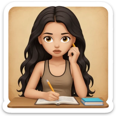a pretty bratz light dusky girl with long wavy black hair in a brown tank top studying tired sticker