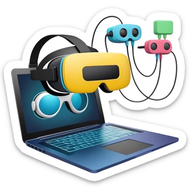VR headset, wire connected to laptop, laptop screen showing VR/AR modeling software, floating 3D models or virtual objects, modern, tech-inspired colors, no emojis or smiley faces, transparent background. sticker