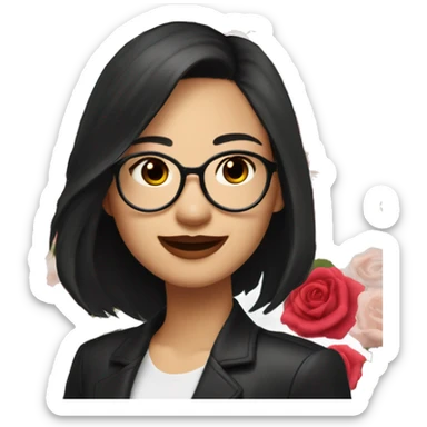 Asian girl, smiling with teeth, fair skin, black long hair, black eyes, black glasses with gold frames, red lipstick, wearing a white lace tank top and a black office jacket on top, with pink and red roses around her. sticker