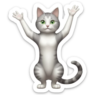 grey and white cat with green eyes doing a big long stretch reaching up into the air with arms and legs side by side together sticker