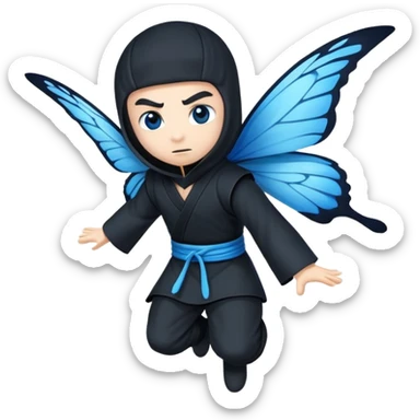 Crea un emoji para usar en WhatsApp con estos dos emoji 🥷🏻🦋.
Ninja vestido de negro con la piel blanca y una mariposa azul posada en su hombro izquierdo como si estuviera volando. sticker